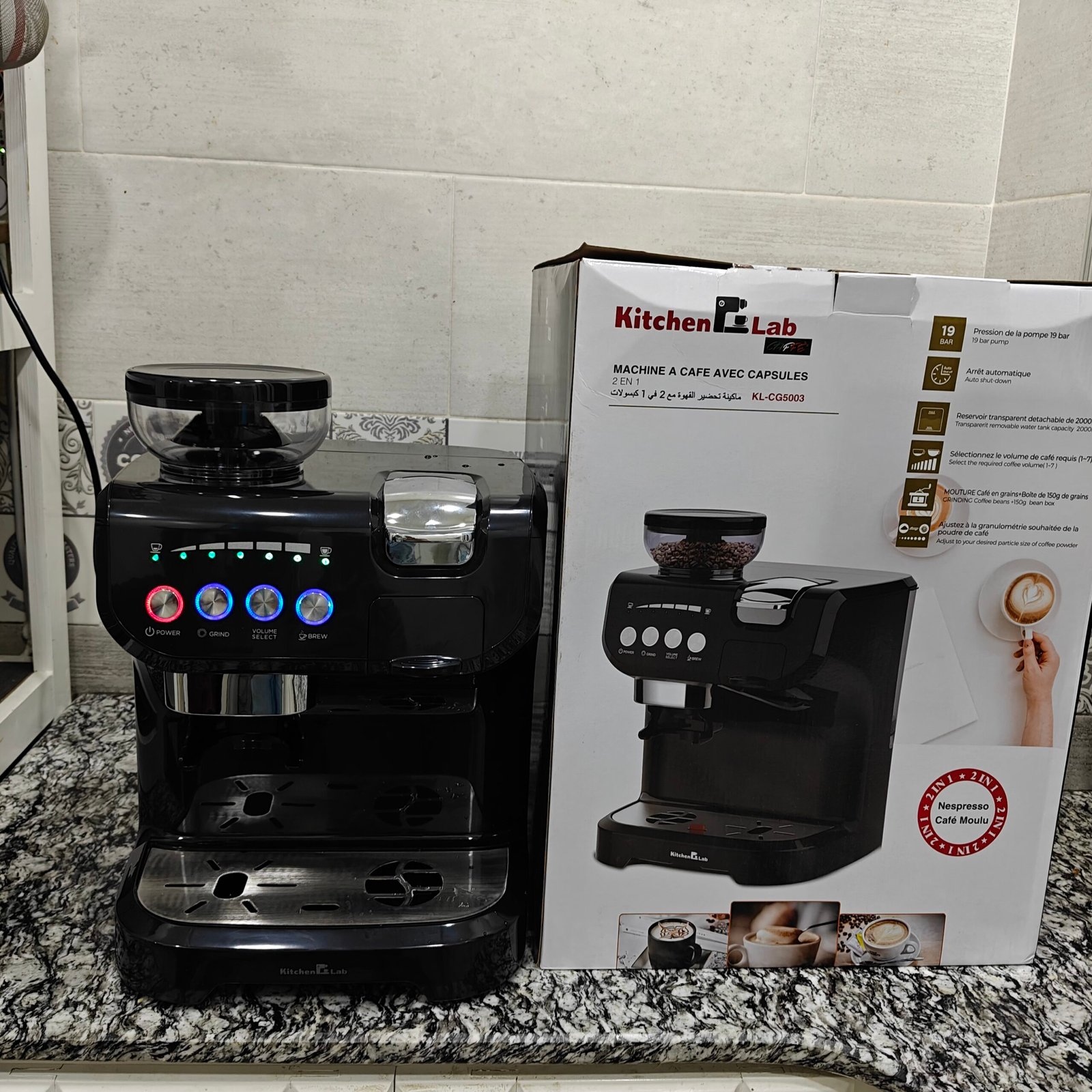 Machine à café KitchenLab 19Bar 3en1 ( café moulu + capsules nespresso + moulin a café ) – Image 2